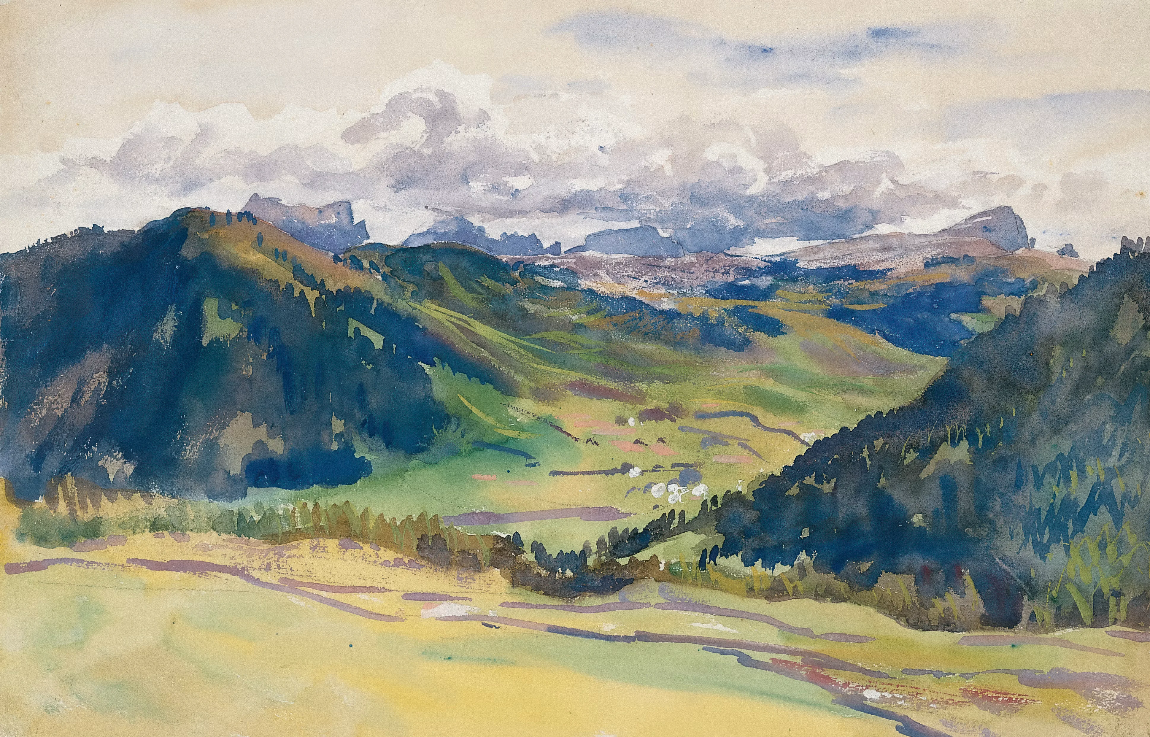 Watercolor landscape with mountains and a deep blue valley